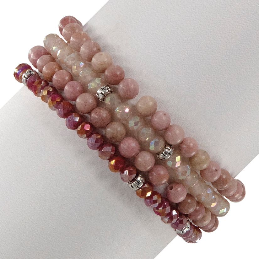 Mini Gemstone and Crystal Bracelet Set - Rhodochrosite - Mellow Monkey