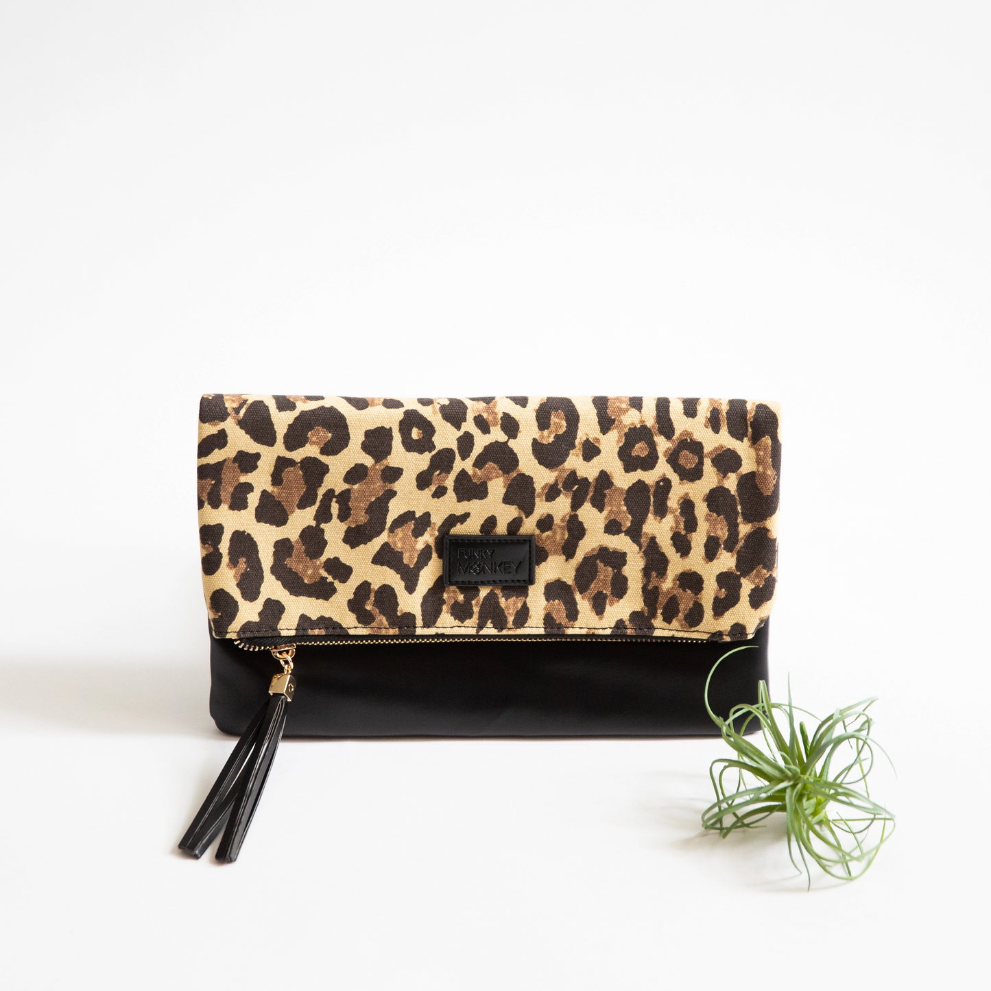 Fold Over Clutch - Leopard & Black with Burgundy Lining - Mellow Monkey