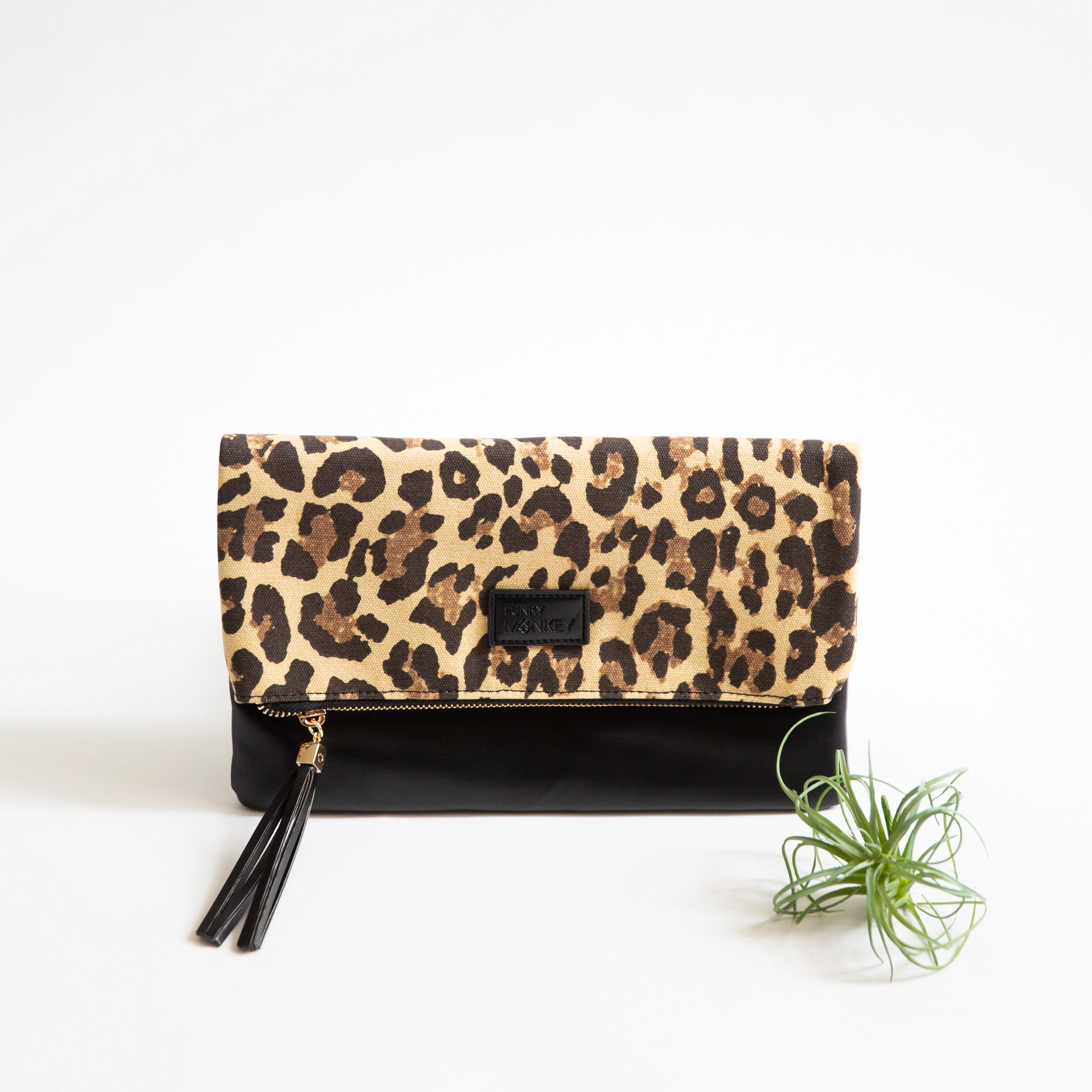 Fold Over Clutch Leopard Black with Burgundy Lining Mellow