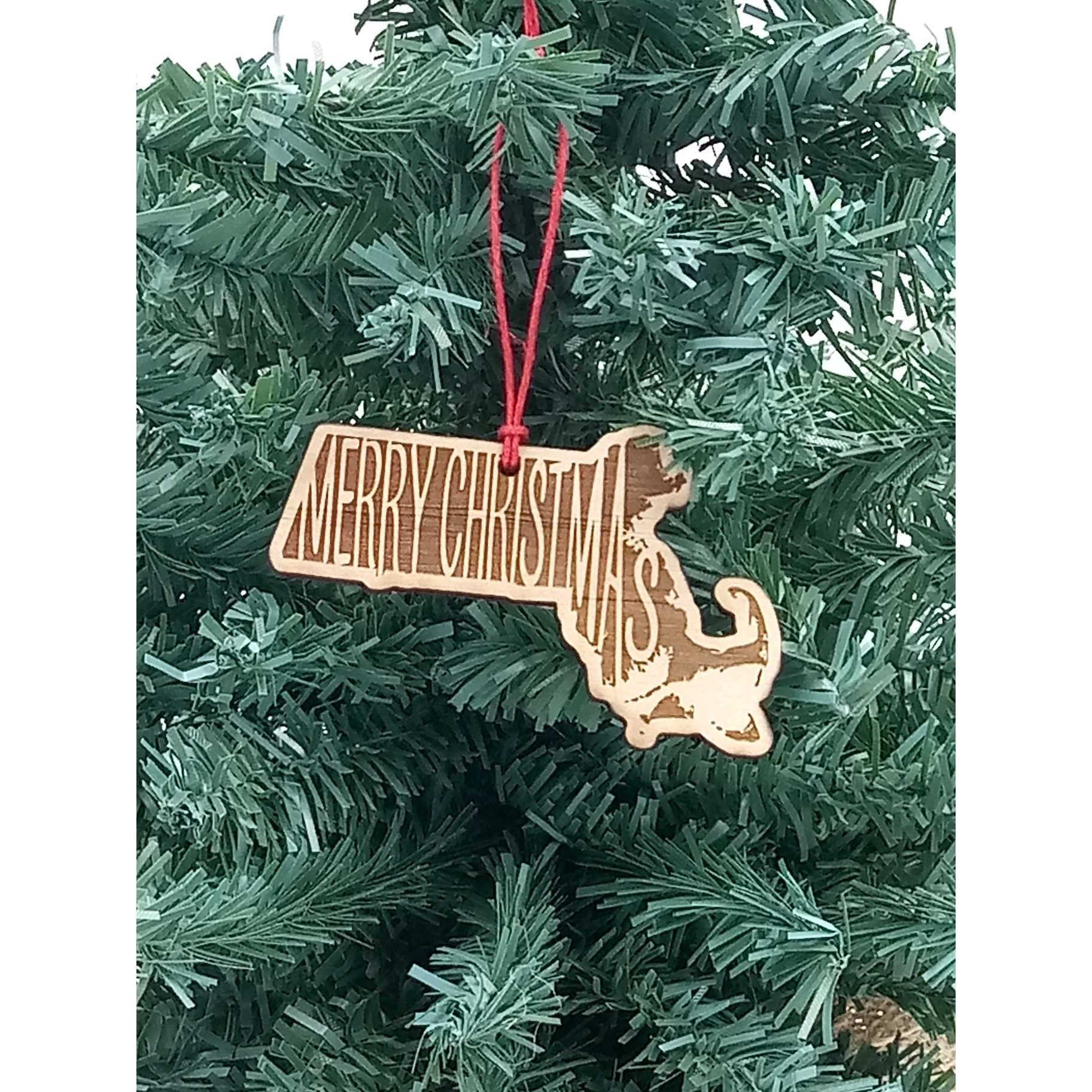 Merry Christmas Massachusetts Shaped Wood Ornament - 3-in - Mellow Monkey
