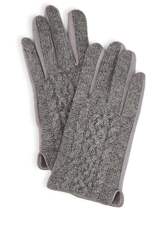 Cable Knit Glove with Vegan Leather Piping Detail, Flexible Micro Suede Palm and Touch Screen Finger - Mellow Monkey