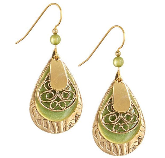 Silver Forest of Vermont Green Enamel and Gold Filigree Teardrop Earrings - Mellow Monkey