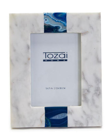 White Marble with Blue Agate Inlay Photo Frame - Mellow Monkey
