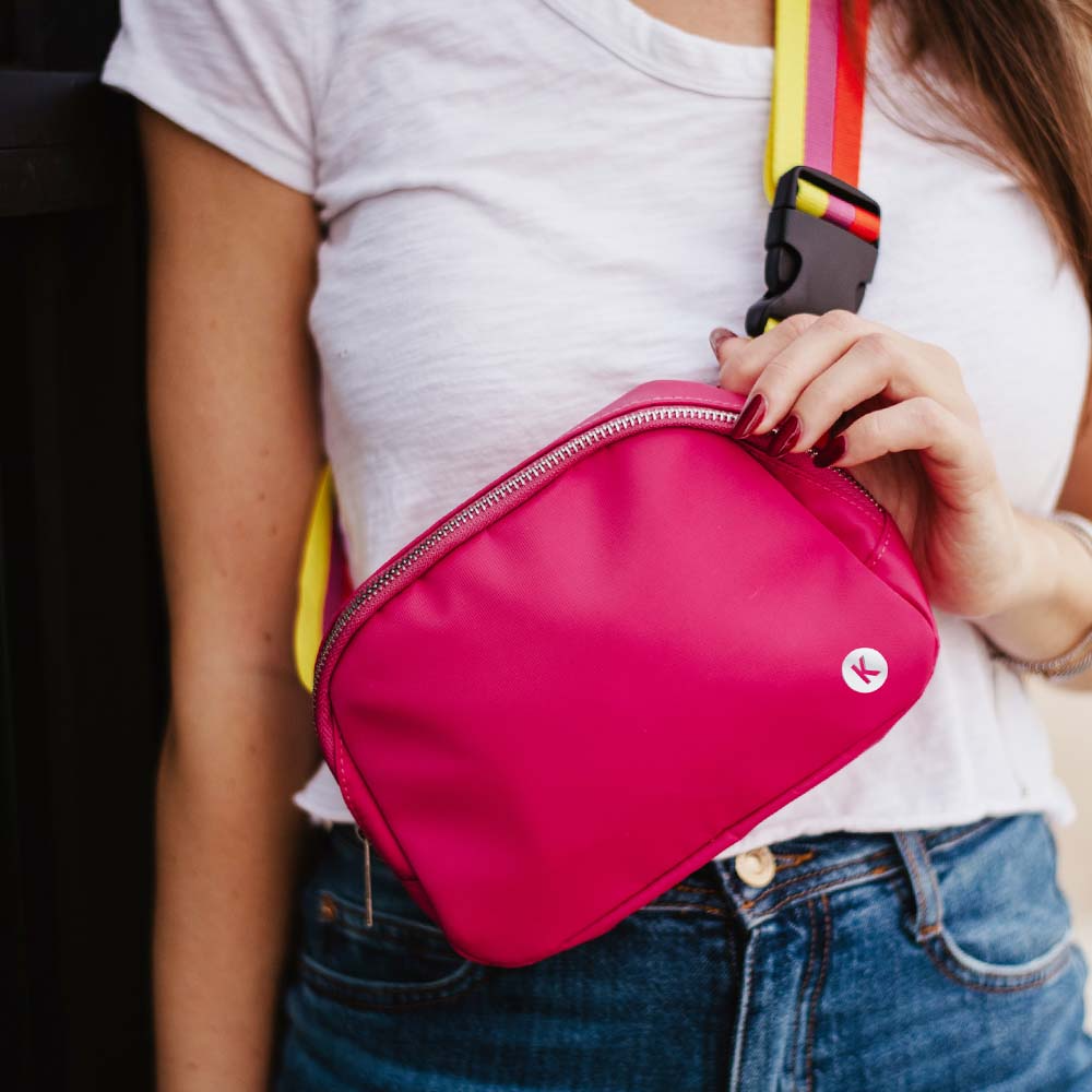 Hot Pink Solid Belt Bag With Striped Strap - Mellow Monkey