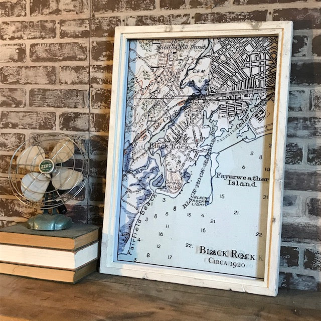 Vintage Black Rock Connecticut Map Circa 1920 Framed Whitewash Shadowbox 26-1/2-in - Mellow Monkey