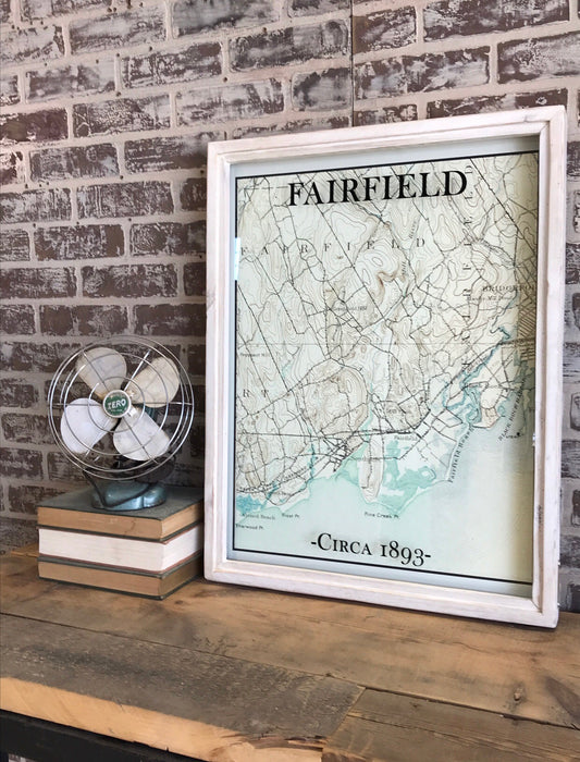 Vintage Fairfield Connecticut Map Circa 1893 Framed Whitewash Shadowbox 27-1/2-in - Mellow Monkey