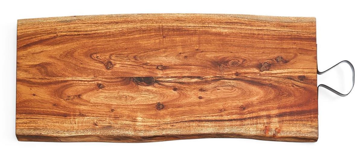 Live Edge Artisanal Acacia Wood Cutting and Charcuterie Long Board with Iron Handle - Mellow Monkey