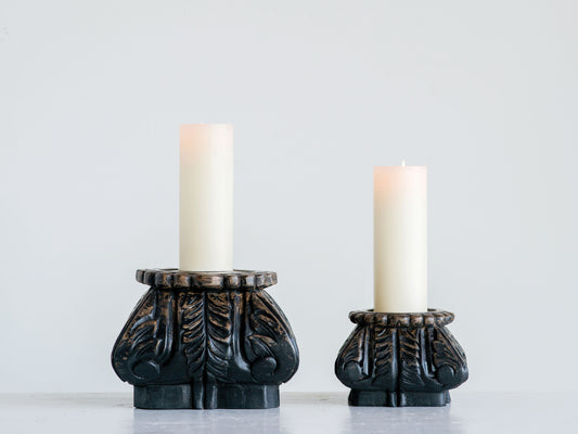 Small Hand-Carved Mango Wood Column Candleholder - Mellow Monkey