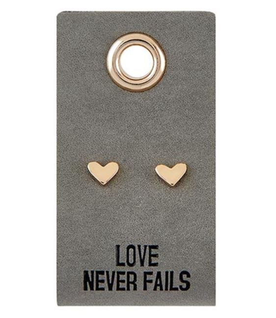 Leather Tag Gold Stud Earrings - Love Never Fails - Hearts - Mellow Monkey