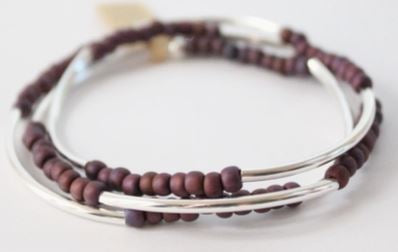 Triple Wrap Bracelet - Silver Tube and Mocha Mauve Beads - Mellow Monkey