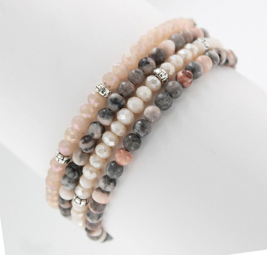 Mini Gemstone and Crystal Bracelet Set - Pink Zebra Jasper - Mellow Monkey