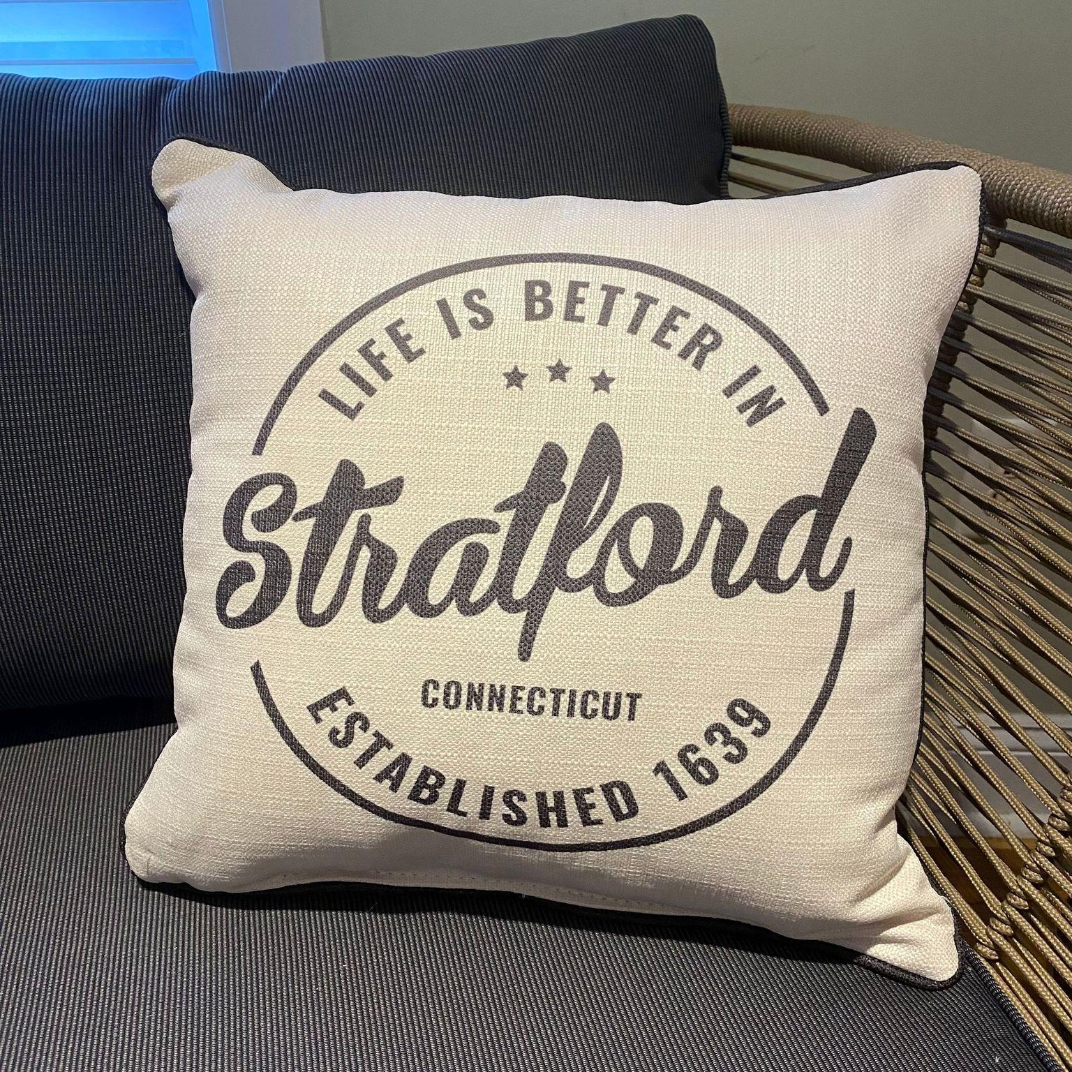 Life Is Better In Stratford Connecticut Established 1639- Throw Pillow - 16-in - Mellow Monkey