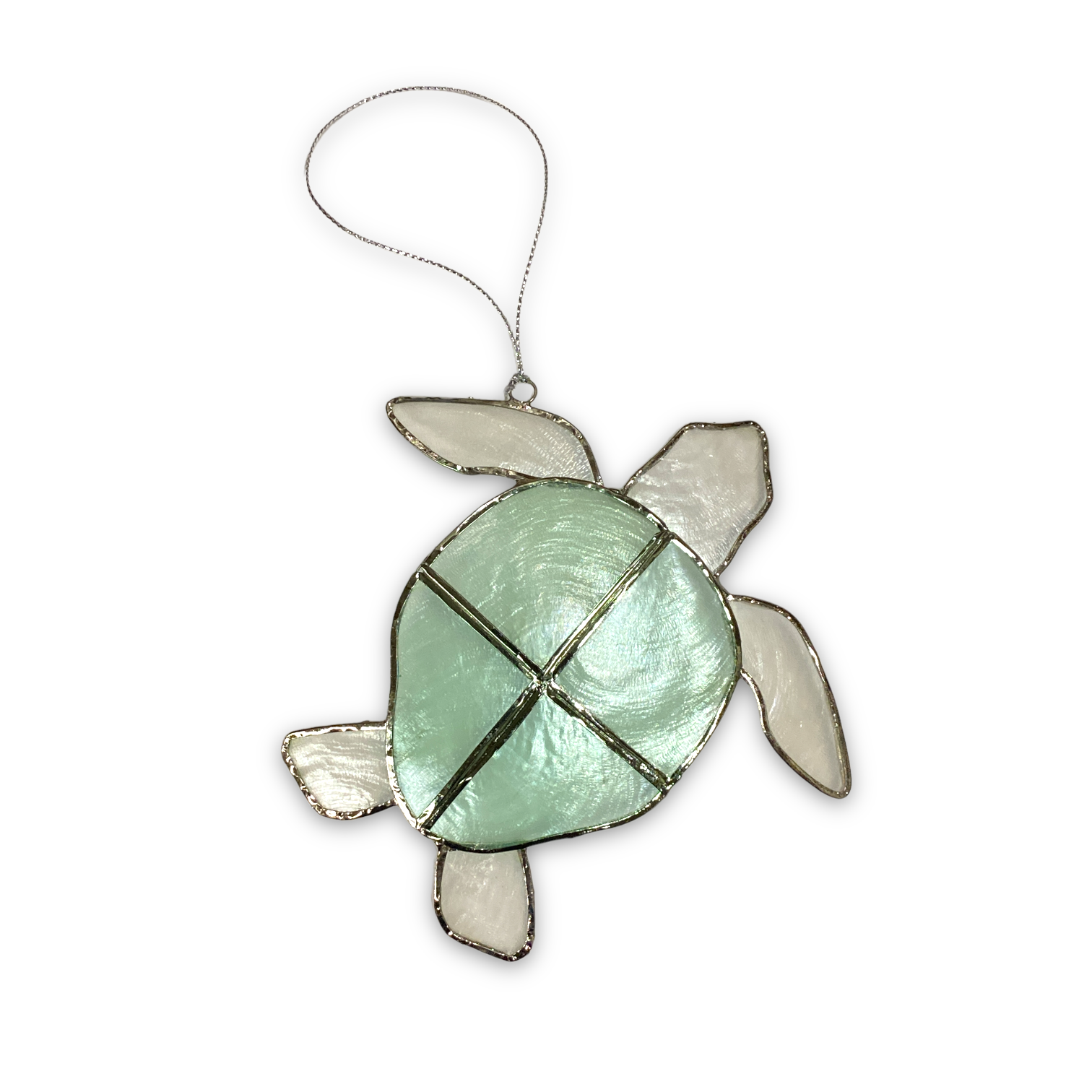 Capiz Shell Turtle Ornament - Aqua And White With Silver Edge - Mellow Monkey