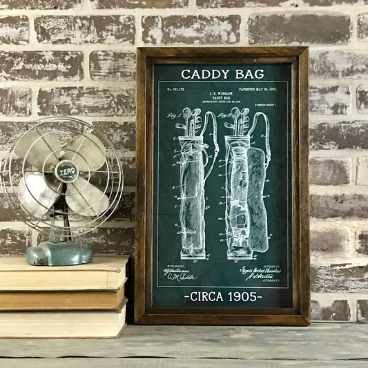 Lighted Vintage Patent Office Drawing - Golf Caddy Circa 1905 - Framed Shadowbox 20-in - Mellow Monkey
