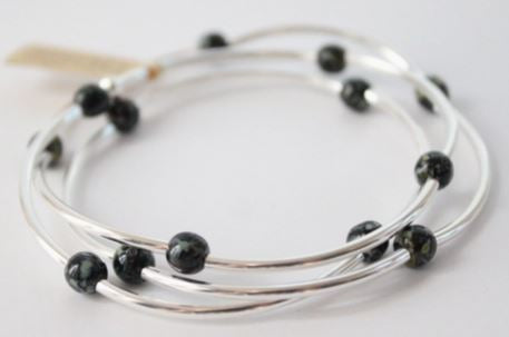 Triple Wrap Bracelet - Silver Tube and Black Picasso Beads - Mellow Monkey