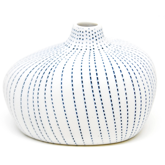 Gugu Pim Porcelain Bud Vase - Blue Dots On White - 3.04"W x 2.76"H - Mellow Monkey