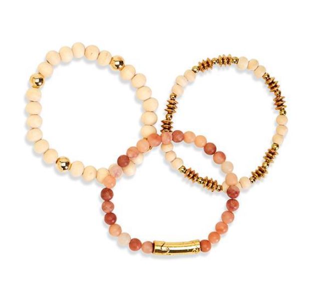 Wood and Bead Stretch Stacking Bracelets - Set of 3 - Wood Stone and Zinc Alloy - Mellow Monkey