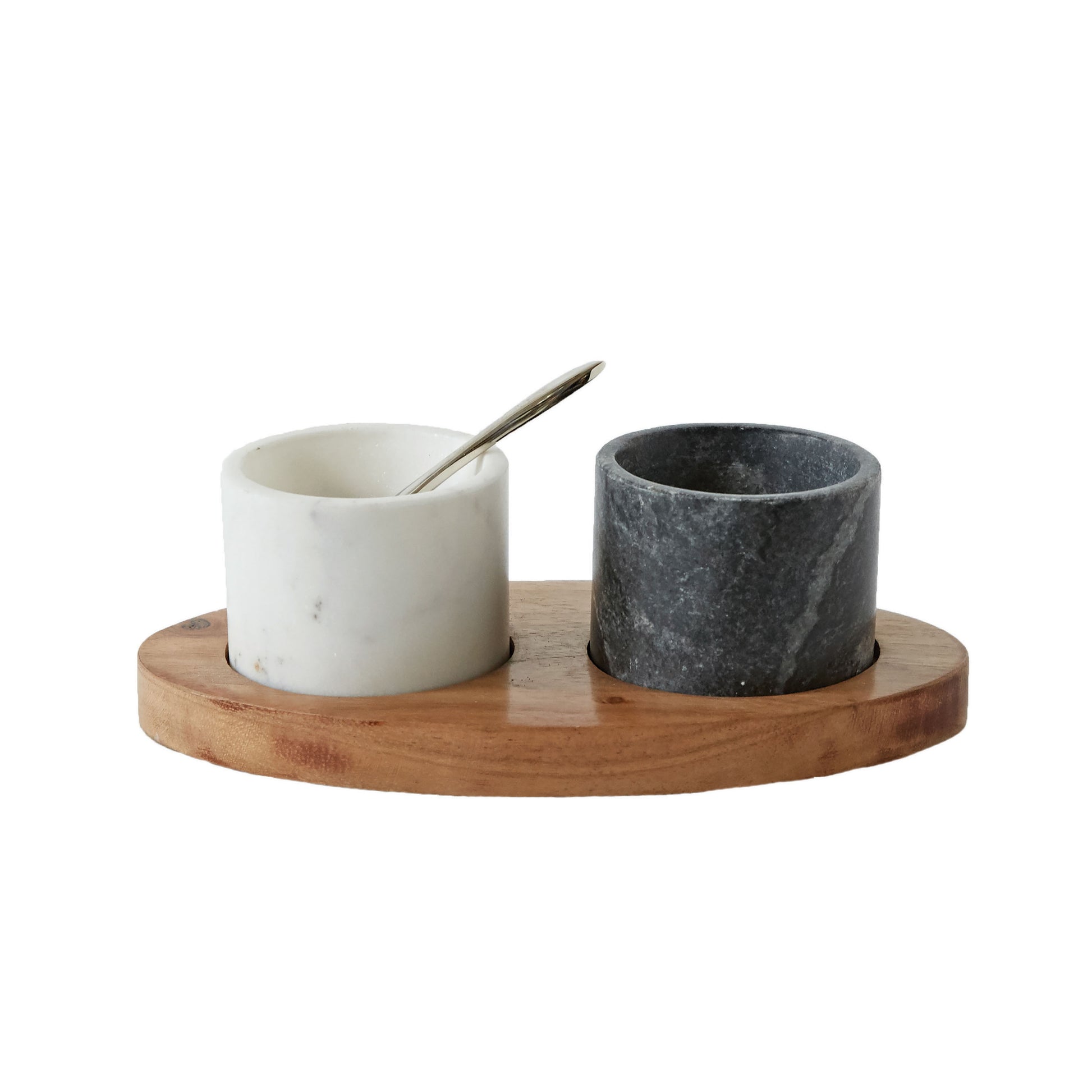 Marble Bowls on Mango Wood Tray with Brass Salt Spoon (Set of 4 Pieces) - Mellow Monkey