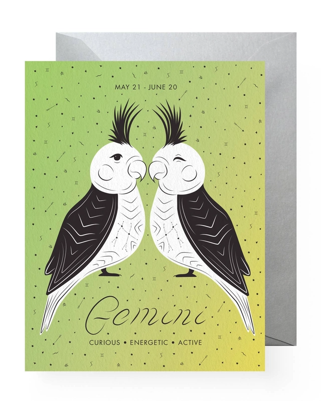 Zodiac Astrology Birthday Greeting Card - Gemini (May 21-June 20) - Curious, Energetic, Active - Mellow Monkey