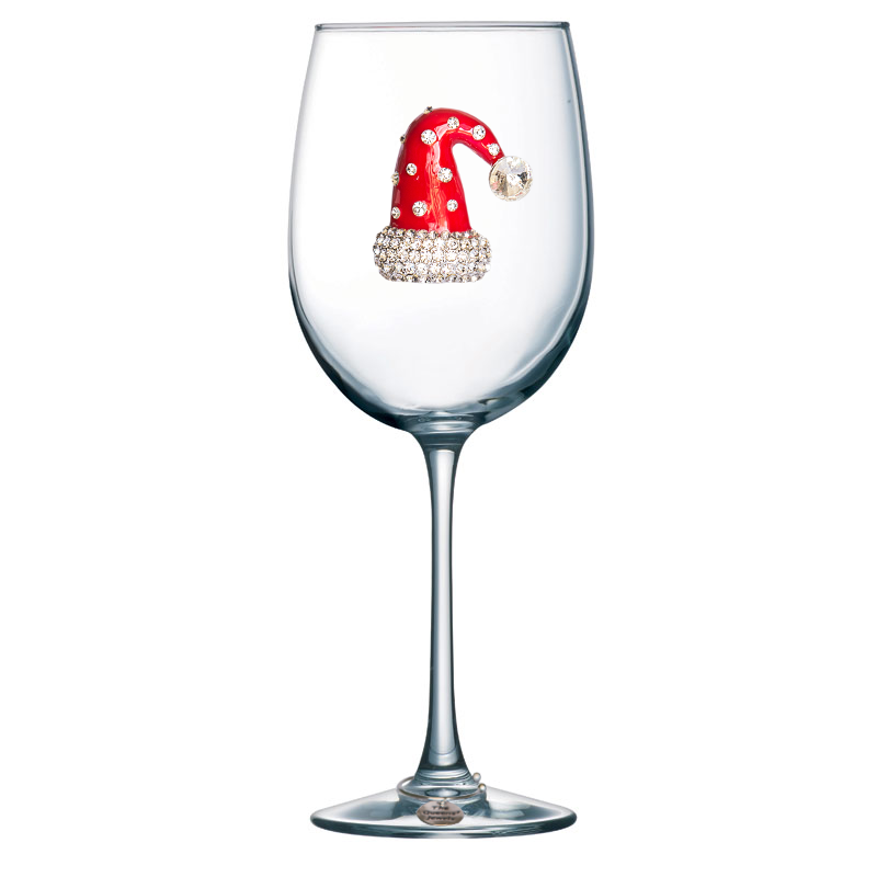Christmas Hat Jeweled Stemmed Wine Glass with Wine Charm - Mellow Monkey