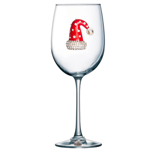 Christmas Hat Jeweled Stemmed Wine Glass with Wine Charm - Mellow Monkey