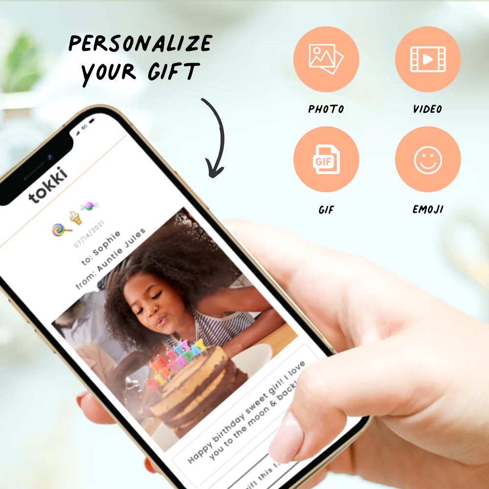 personalize your gift with a photo, video, gif or emoji (demonstration on a mobile phone)