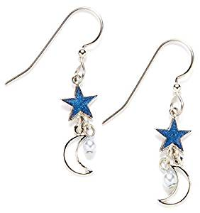 Silver Forest of Vermont Blue Enamel Stars Silver Moon Dangle Earrings - Mellow Monkey