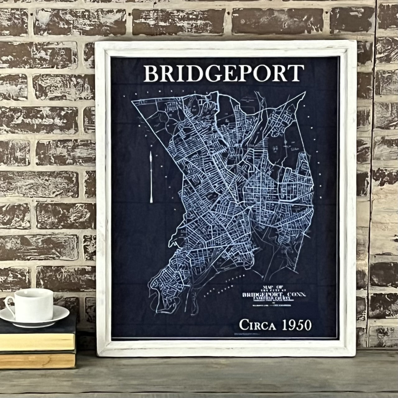 Bridgeport Connecticut Blue Print Style Vintage Map Circa 1950 Framed White Wash Shadowbox - 25-1/2-in - Mellow Monkey