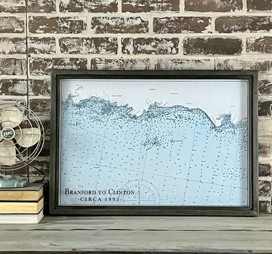 Branford To Clinton (Connecticut) Vintage Nautical Map Circa 1893 in Framed Ash Gray Shadowbox - 26-5/8-in - Mellow Monkey