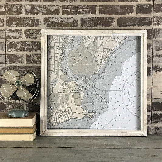 Long Island Sound at The Housatonic River - Nells Island Milford and Stratford Points Connecticut Map Circa 1940 Framed White Wash Shadowbox - 22-5/8-in Square - Mellow Monkey