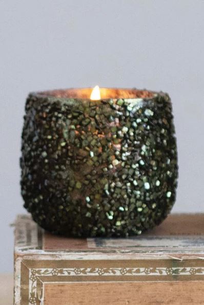 Merry and Bright Glass Tealight Holder with Mica Flakes - Green - 2-3/4-in - Mellow Monkey