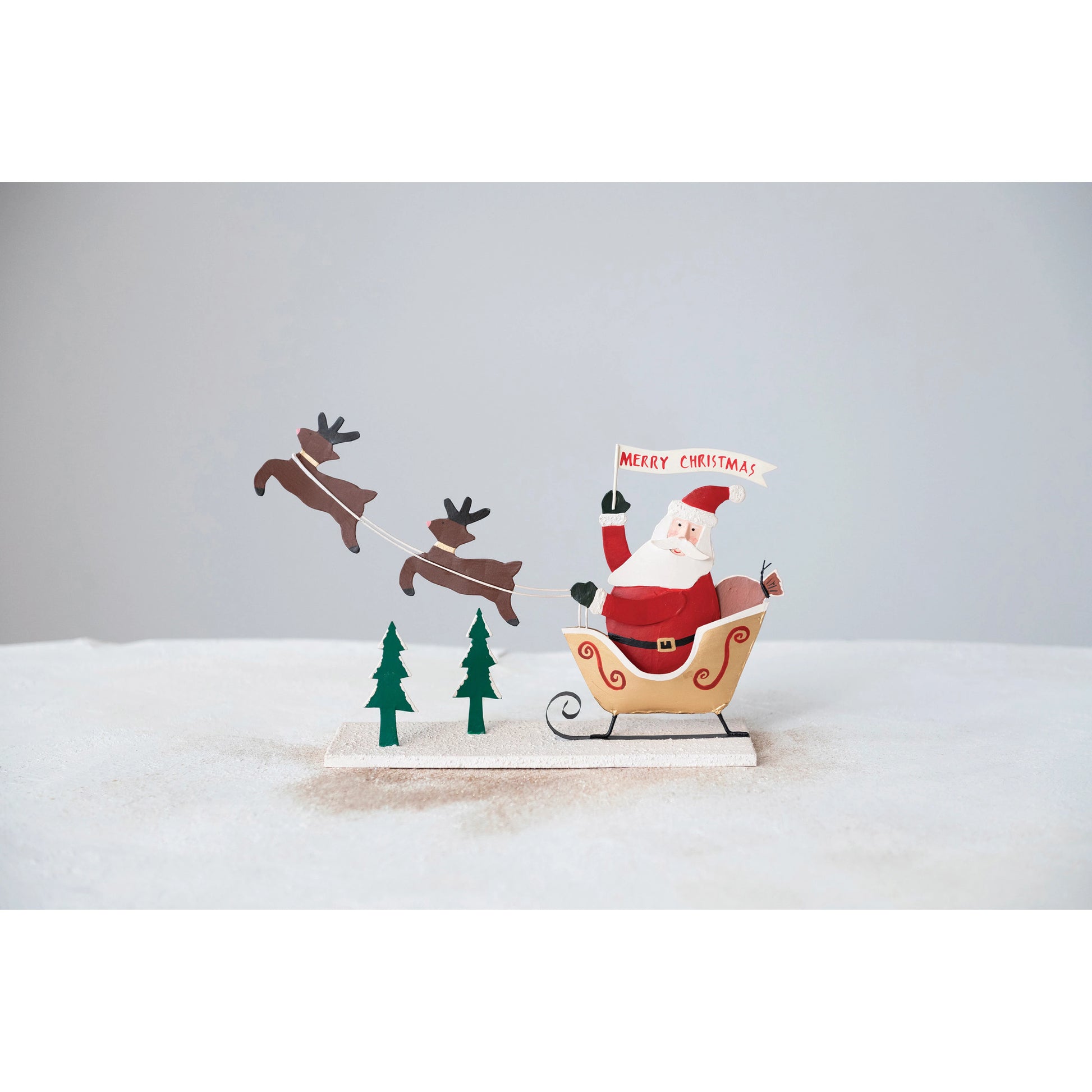 Hand-Painted Tin Santa in Sleigh and Reindeer with "Merry Christmas" Banner - Mellow Monkey