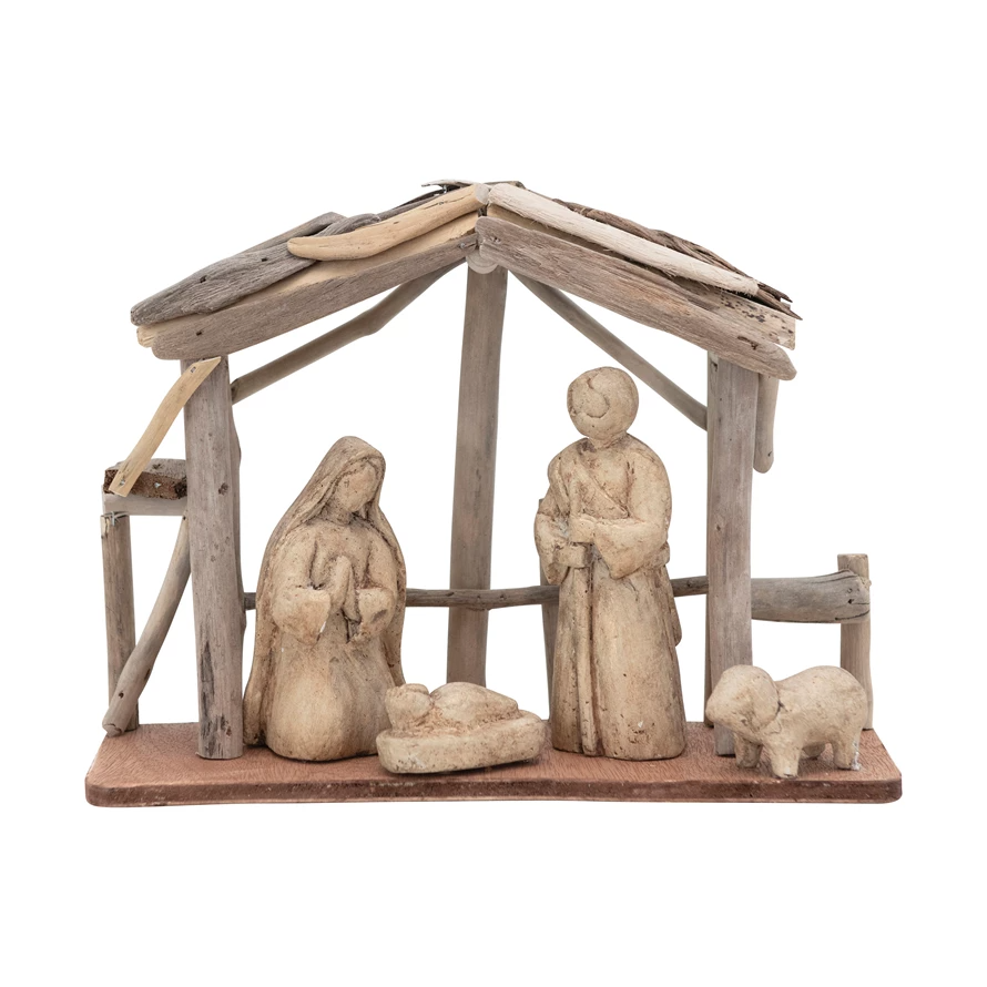 Handmade Driftwood and Paper Mache Nativity with Wood Base - 10-in - Mellow Monkey