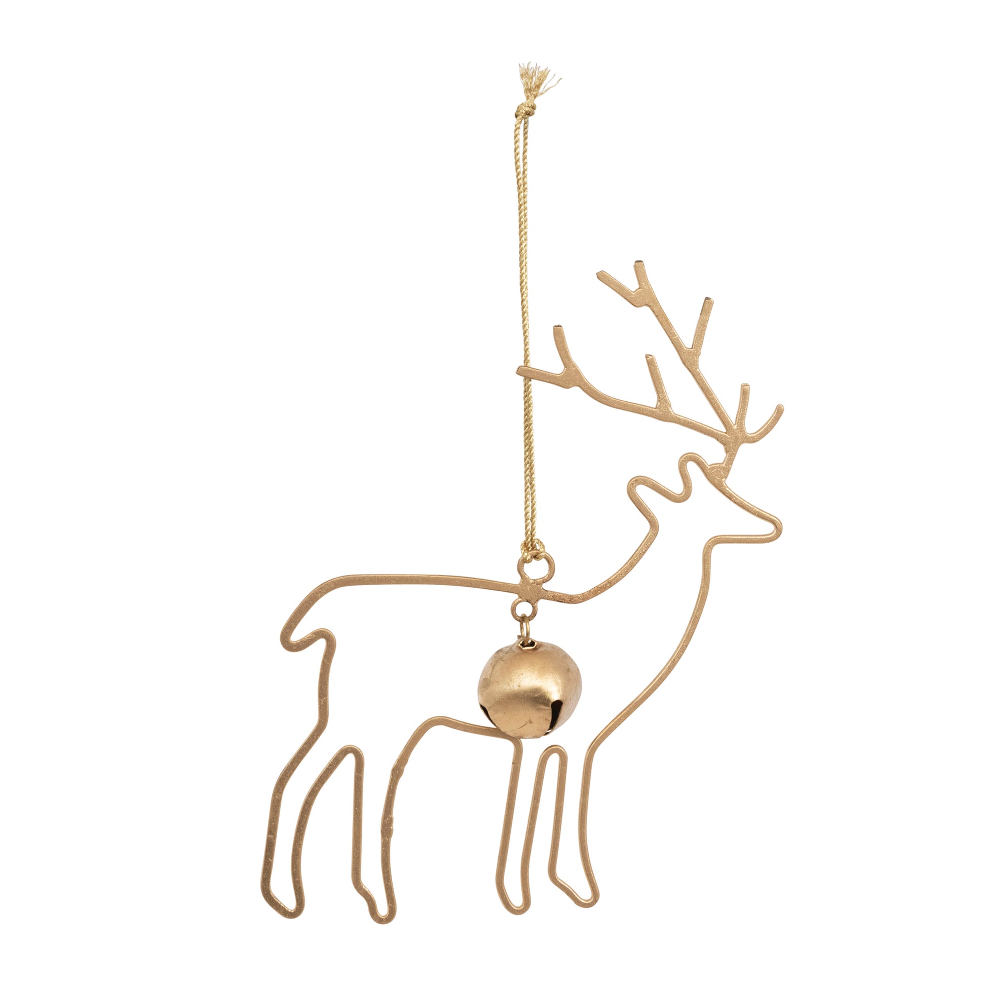 Metal Reindeer Ornament with Bell, Brass Finish - 6-1/4"H - Mellow Monkey