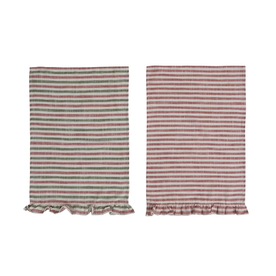 Woven Striped Tea Towels w/ Ruffle Trim - 28-in - Mellow Monkey