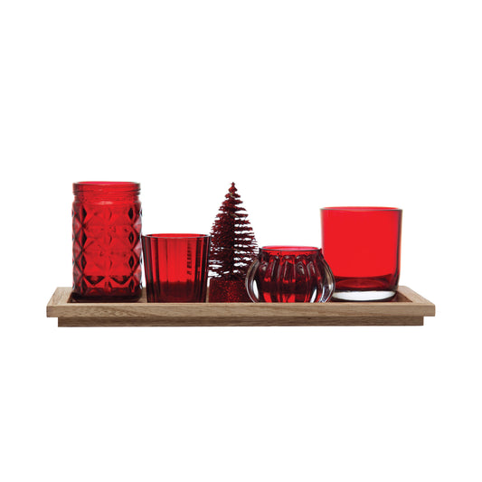 Wood Tray with 4 Red Glass Votive Holders, Set of 6 - Mellow Monkey