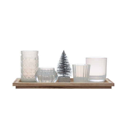 Wood Tray with 4 White Glass Votive Holders, Set of 6 - Mellow Monkey