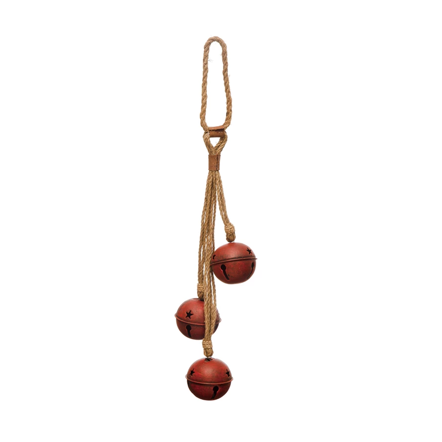 Red Metal Bells on Jute Rope Hanger - Distressed Finish - 23-in - Mellow Monkey