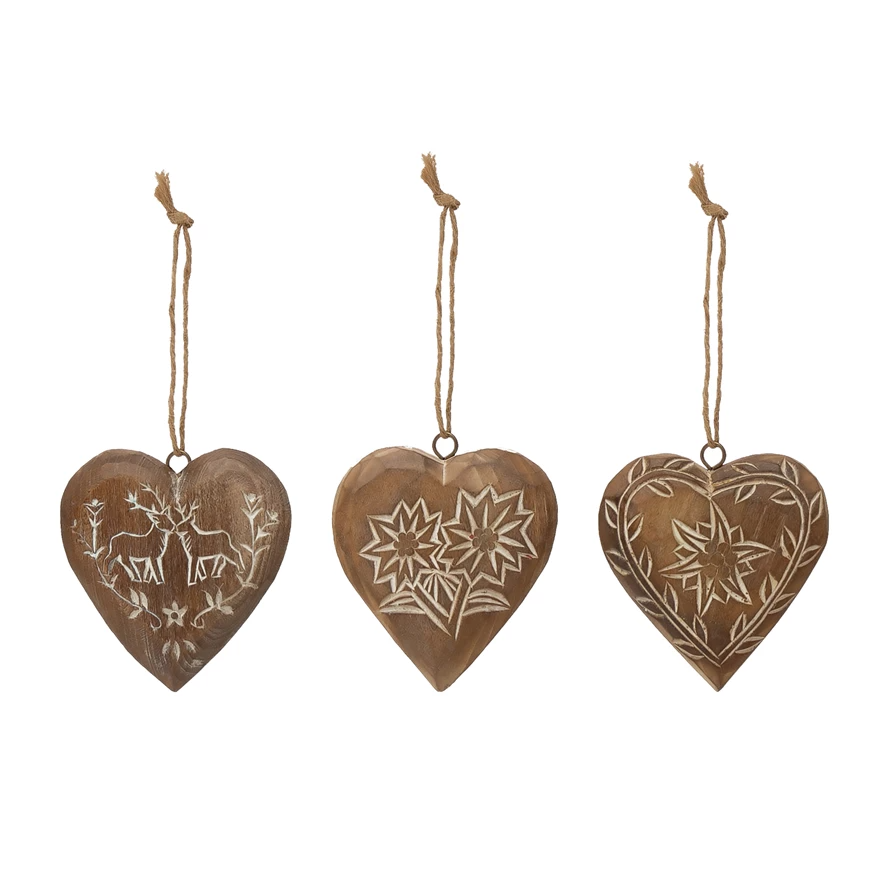 Hand-Carved Pine Wood Heart Ornament - Mellow Monkey