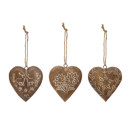 Hand-Carved Pine Wood Heart Ornament - Mellow Monkey