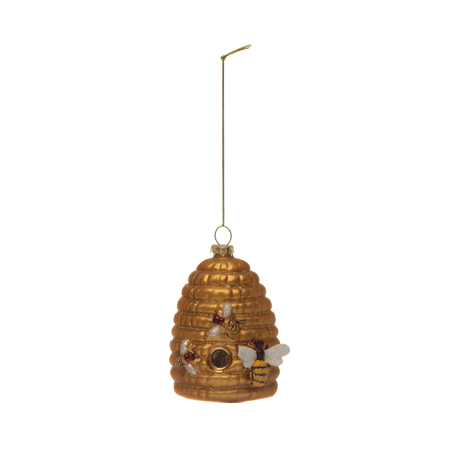 Glass Bee Skep Ornament with Bees and Glitter - Gold Color -3-1/2-in - Mellow Monkey