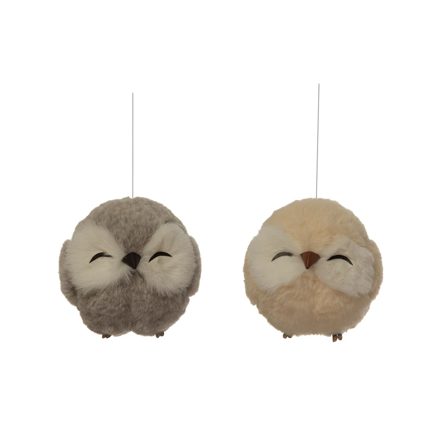 Faux Fur Owl Ornament 4-3/4-in - Mellow Monkey